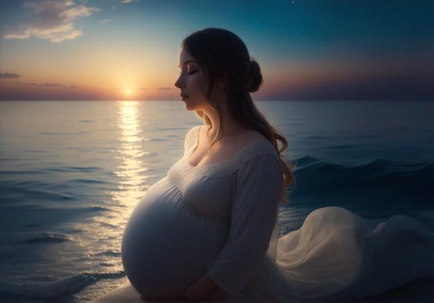 Ai erzeugte eine schwangere Frau, umgeben von einem ruhigen Meer