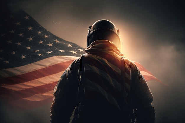 AI erzeugte einen amerikanischen Helden-Patriot-Mann auf dunklem Hintergrund der USA-Flagge, der Wind bläst