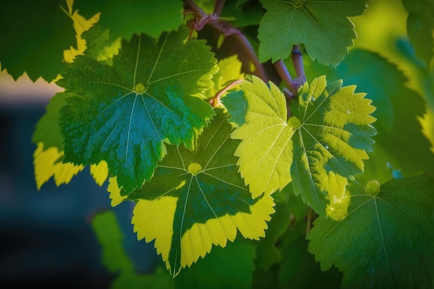 AI erzeugte grüne natürliche Weinblätter auf frühlingsfrischem Hintergrund