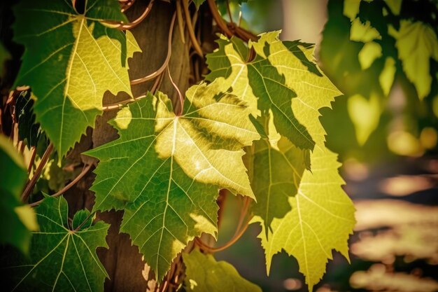 AI erzeugte grüne natürliche Weinblätter auf frühlingsfrischem Hintergrund