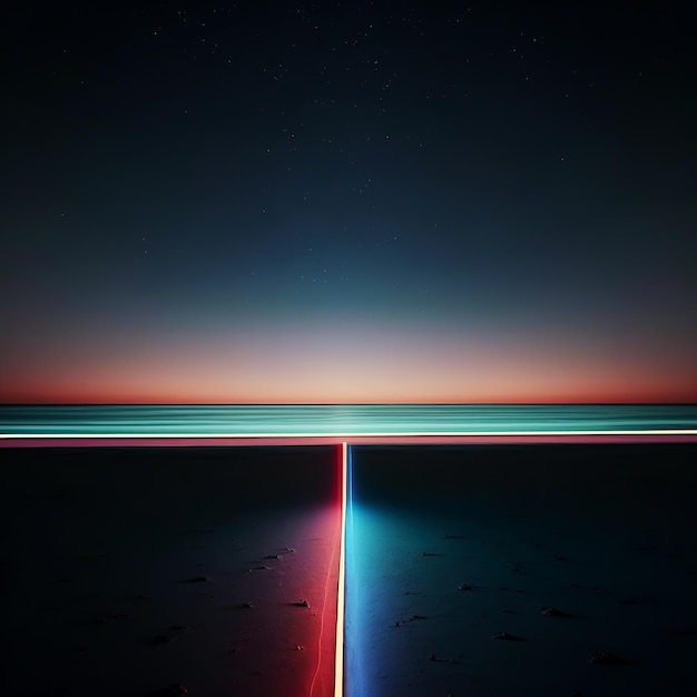 Ai erzeugte Illustration abstrakte leuchtende Neonlinien im Hintergrund des Meeressonnenuntergangs