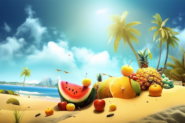 Ai erzeugte Illustration der tropischen Insel mit tropischen Früchten des Strandes und der Palmen