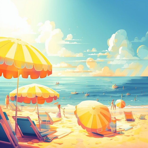 Ai erzeugte Illustration eines Sonnenschirms mit Stühlen im Sand