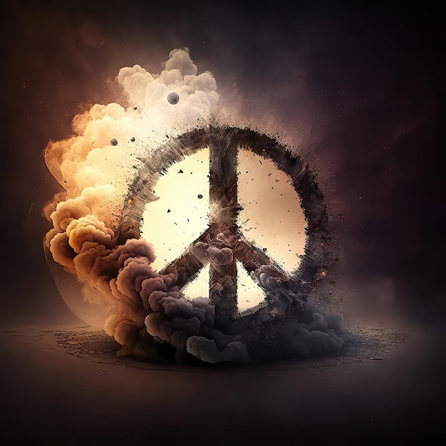 AI erzeugtes Friedenssymbol Pazifismuszeichen wird gesprengt und das Konzept der Zerstörung des Friedens und des Beginns des Krieges verbrannt