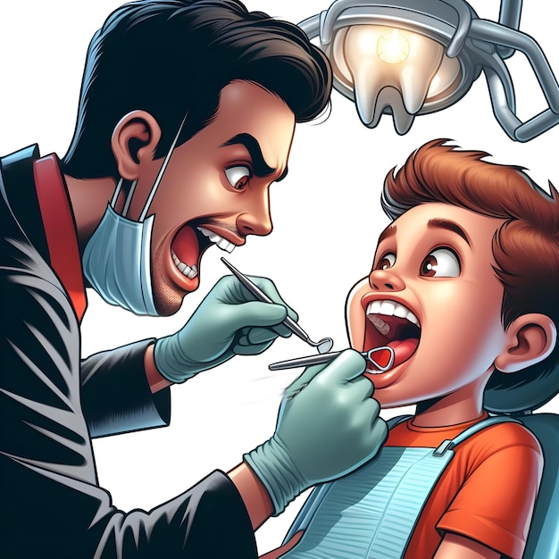 AI de la escena de caricatura divertida de los dentistas extraen a mano el diente del paciente en silueta