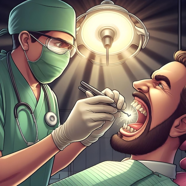 AI de la escena de caricatura divertida de los dentistas extraen a mano el diente del paciente en silueta