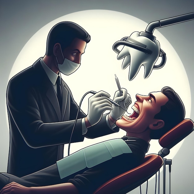 AI de la escena de caricatura divertida de los dentistas extraen a mano el diente del paciente en silueta