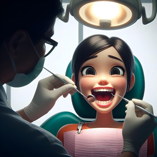 AI de la escena de caricatura divertida de los dentistas extraen a mano el diente del paciente en silueta