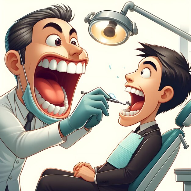 AI de la escena de caricatura divertida de los dentistas extraen a mano el diente del paciente en silueta