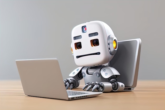 AI Ethics Niedlicher 3D-Robo, der mit Laptop arbeitet