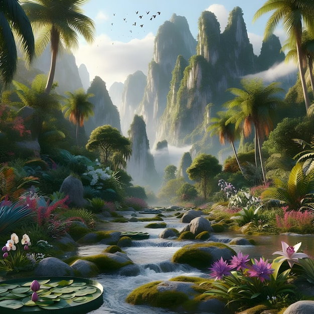 AI de fantasía paisaje terraformado de la cordillera tropical asiática jardín de flores