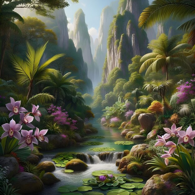 AI de fantasía paisaje terraformado de la cordillera tropical asiática jardín de flores