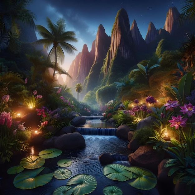 AI de fantasía paisaje terraformado de la cordillera tropical asiática jardín de flores