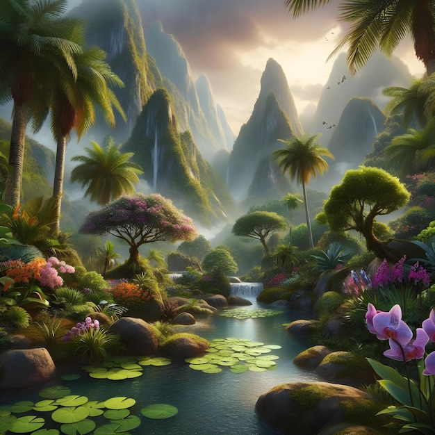 AI de fantasía paisaje terraformado de la cordillera tropical asiática jardín de flores