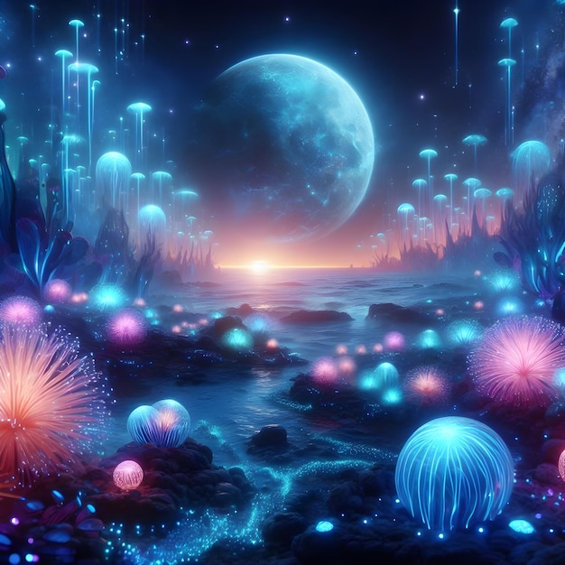 AI de la fantasía planta de Pandora de las plantas bioluminescentes coloridas en el mar cristales luminosos y fuego
