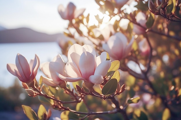 Ai flores de Magnólia generativas na luz do pôr do sol