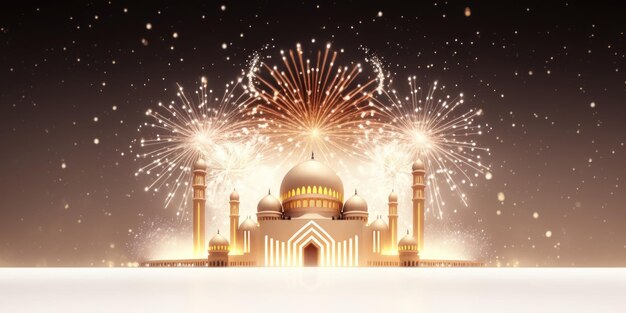 Ai geneaed ilustração da mesquita muçulmana com belos fogos de artifício
