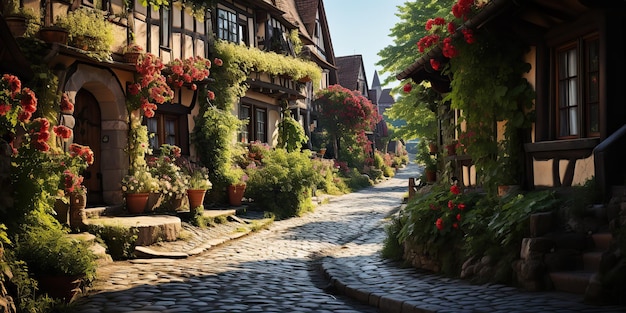 AI generada AI generativa Ciudad ciudad calle caminando plantas flores centro histórico Aventura