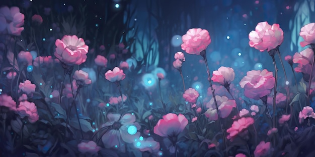 AI generada AI generativa Flores violetas azules rosadas follaje de plantas prado campo de flor salvaje hermosa decoración paisaje fondo arte gráfico