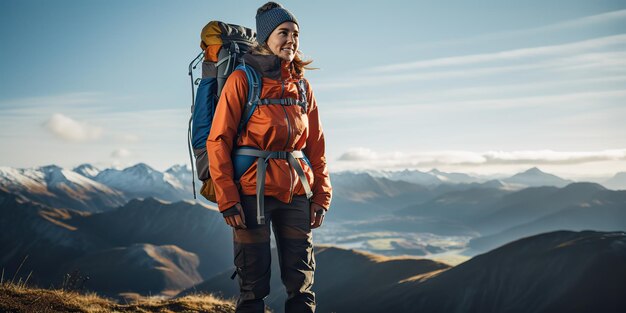 AI generada AI generativa Mujer chica mujer excursionista seguimiento de la naturaleza aventura al aire libre explorar paisaje de montaña viaje exploración motivación arte gráfico