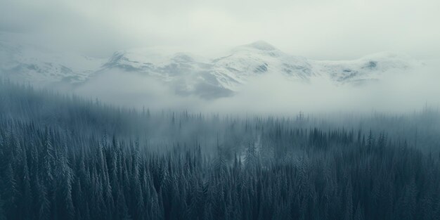 AI generada AI Generative Mist mágica cordillera nevada con bosque Niebla por la mañana