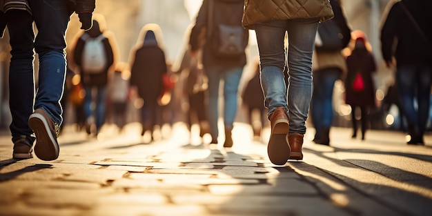 AI generada AI Generative Multitud de personas caminando por la calle con las piernas en zapatos Fondo urbano de la ciudad