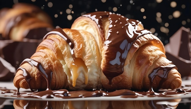 AI generado AI croissant generativo salpicado de chocolate pastel dulce