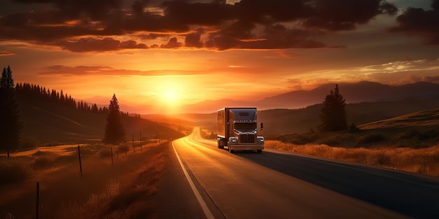 AI generado AI Generative Truck auto móvil en el estacionamiento de la carretera con el lado del campo al atardecer