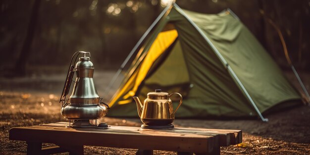 AI Generado AI Generativo Acampar al aire libre hoguera fuego de campamento comida té cocinar descansar relajarse