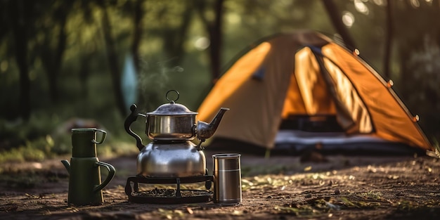 AI Generado AI Generativo Acampar al aire libre hoguera fuego de campamento comida té cocinar descansar relajarse