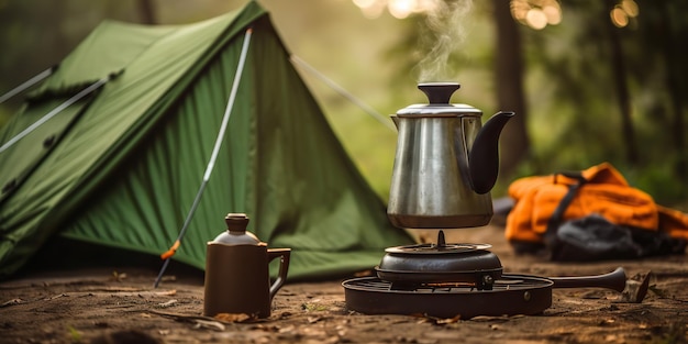 AI Generado AI Generativo Acampar al aire libre hoguera fuego de campamento comida té cocinar descansar relajarse