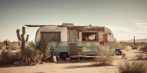 Foto ai generado ai generativo antiguo metal rústico abandonado vintage camper rv casa de autos en el desierto aventura fondo estilo de vida arte gráfico ilustración
