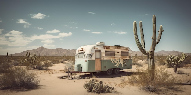 AI generado AI generativo Antiguo metal rústico abandonado vintage camper rv casa de autos en el desierto Aventura fondo estilo de vida Arte gráfico Ilustración