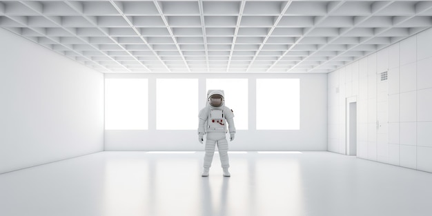 AI generado AI generativo Astronauta en una habitación blanca vacía Aventuras espaciales mínimas vista del traje