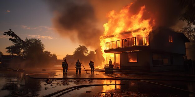 AI generado AI generativo bomberos ponen agua en el fuego casa de llama héroe motivacional