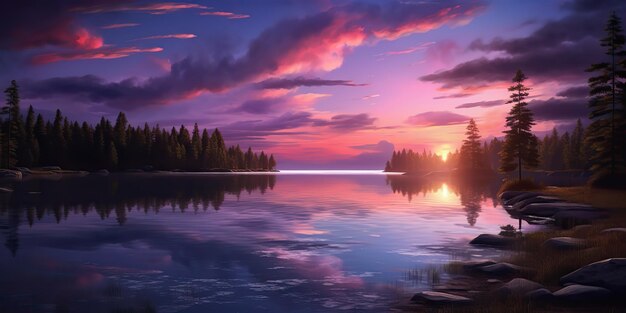 AI Generado AI Generativo Color rosa púrpura puesta de sol noche naturaleza lago al aire libre con montañas