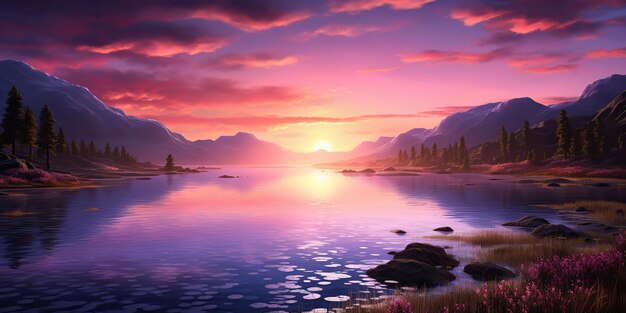 AI Generado AI Generativo Color rosa púrpura puesta de sol noche naturaleza lago al aire libre con montañas