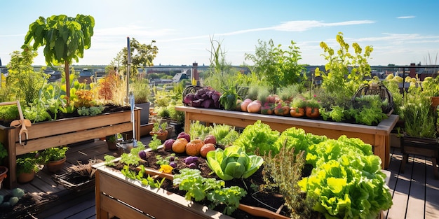 AI generado AI generativo Edificio urbano de techos de la ciudad verduras de jardín orgánicas a base de hierbas