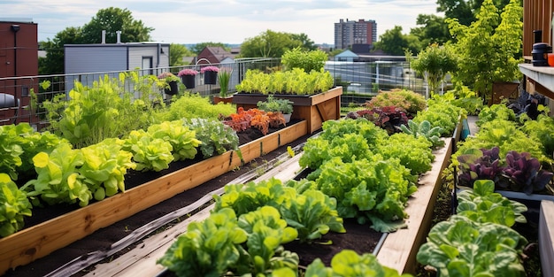 AI generado AI generativo Edificio urbano de techos de la ciudad verduras de jardín orgánicas a base de hierbas