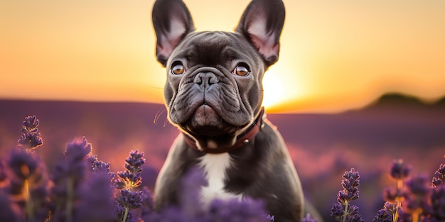 AI generado AI generativo Frenchie perro bulldog francés retrato de cara linda en el campo de lavanda
