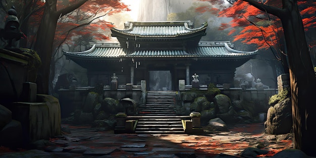 AI generado AI generativo Historia tradicional asiática japonesa chino templo edificio torre jardín naturaleza fondo al aire libre arte gráfico ilustración