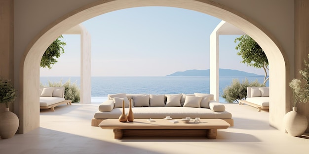 AI generado AI generativo isla griega diseño de arquitectura de interiores de hoteles de lujo vacaciones tiempo de relajación aventura chill calma vibra arte gráfico ilustración