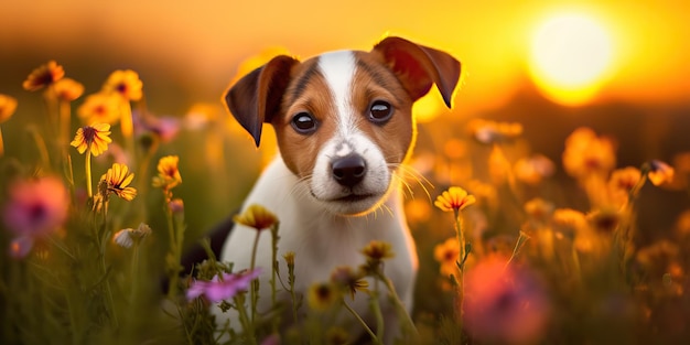AI generado AI generativo Jack russell terrier perro animal amigo mascota mamífero en las flores del campo