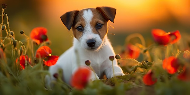 AI generado AI generativo Jack russell terrier perro animal amigo mascota mamífero en las flores del campo