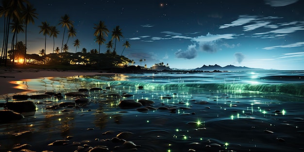 AI generado AI generativo Luz nocturna brillante brilla plancton fondo marino océano Isla de vacaciones náuticas Ilustración de arte gráfico