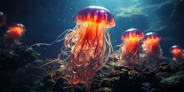 AI generado AI generativo Medusas rojas bajo el agua Vida silvestre marina Vida de acuario oceánico