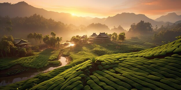 Foto ai generado ai generativo naturaleza al aire libre plantación de té paisaje telón de fondo verde asia campo salvaje vacaciones aventura montaña vibración arte gráfico