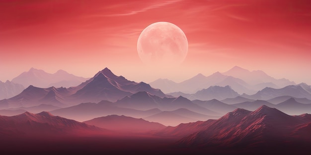 AI generado AI Generativo Naturaleza minimalista paisaje al aire libre con montañas, colinas y luna llena en estilo retro vintage rojo Ilustración de arte gráfico