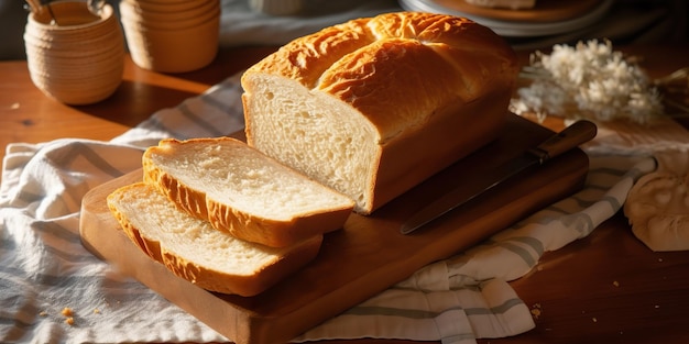 AI generado AI generativo pan de pan fresco horneado cortado con clices en madera