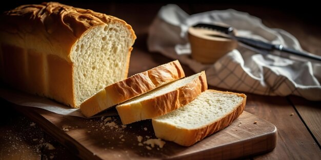 AI generado AI generativo pan de pan fresco horneado cortado con clices en madera